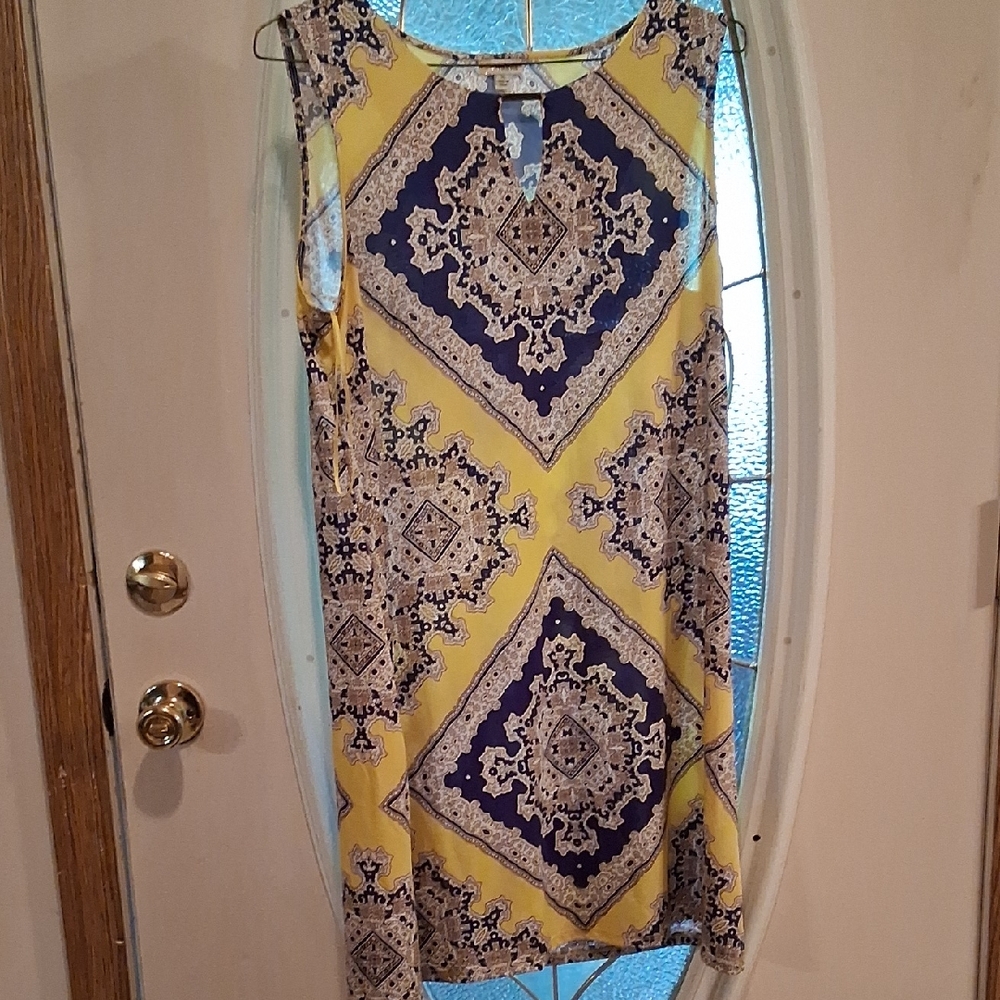 Haani Yellow and Navy Sleeveless Patterned Tunic